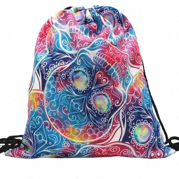 Büyük Kapasiteli Dijital Baskı Oxford Drawstring Sırt Çantaları Kadınlar Erkekler Depolama Çantası Açık Seyahat Müşterisi Sıradan Kafatası Bagpack D8QL#