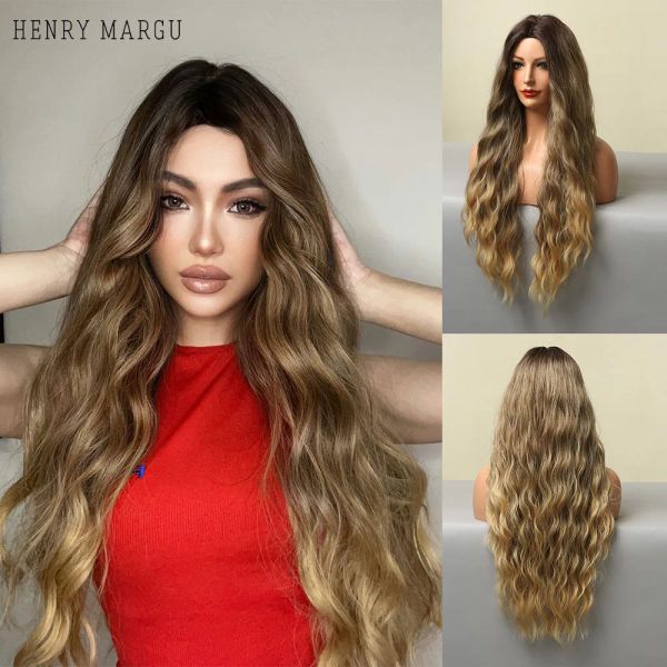 Perücken HENRY MARGU Lange gewellte braune blonde Ombre-Synthetik-Perücken, natürliche Cosplay-Haar-Perücken für schwarze Frauen, Mittelteil-Perücke, hitzebeständig