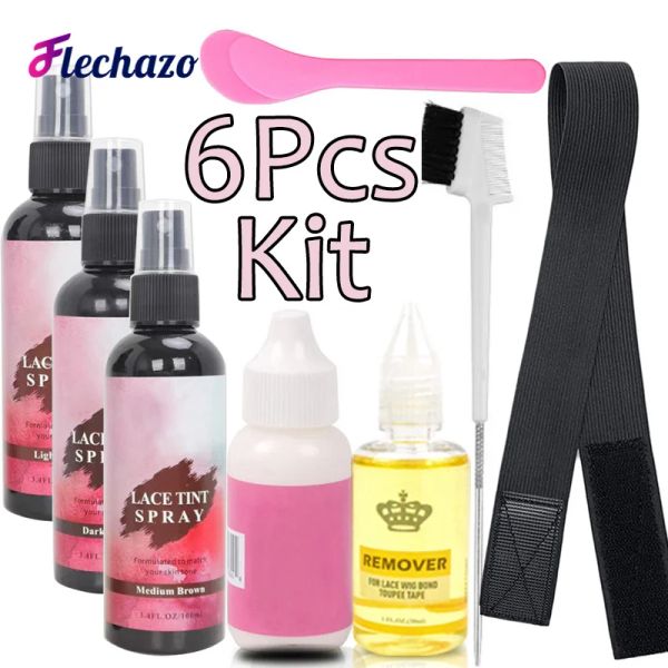 Kit di installazione adesivi per parrucche Tinta spray per pizzo Parrucche anteriori in pizzo Colla e rimozione Fascia per fusione in pizzo Spazzola per capelli 6 pezzi Kit di accessori per parrucca Set