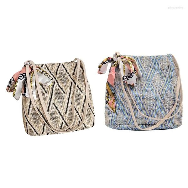 Сумки для покупок Kf-2 шт., богемная летняя соломенная пляжная сумка, дорожная женская сумка-тоут, плетеная, кремово-белого цвета, синего цвета
