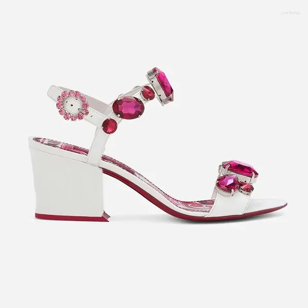 Сандалии розово-красного цвета с фарфоровым принтом и рубиновым принтом, женская обувь на блочном каблуке, лето 2024, богемные женские туфли на высоком каблуке с открытым носком и пряжкой с 3D принтом
