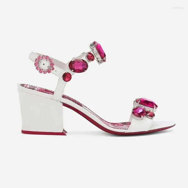 Sandalen Rose Rot Porzellan Druck Rubin Blockabsatz Frau Sommer 2024 Böhmen 3D Druck Schnalle Offene spitze High Heels Damenschuhe