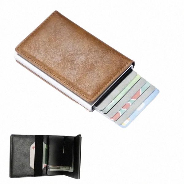 Kreditkarteninhaber Männer Brieftasche RFID-blockierende geschützte Aluminiumbox PU-Leder-Geldbörsen mit Mey Clip Designer-Karteninhaber e3dA #
