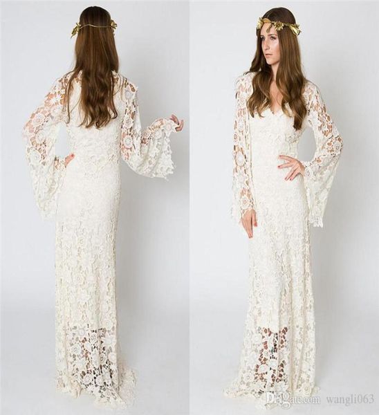 Abiti da sposa vintage da spiaggia bohemien maniche a campana in pizzo all'uncinetto hippie abito da sposa lunghezza pavimento boho abiti da sposa6796862