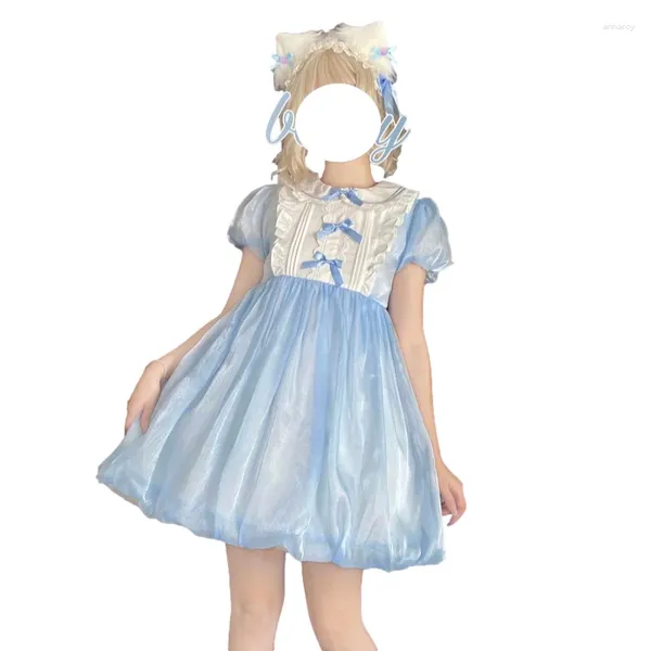 Partykleider Sommer Lolita Süßes Tüllkleid Teenager Japanische weiche Mädchenkleidung Süße blaue Kurzarm Prinzessin Mesh Maid Anime Cosplay