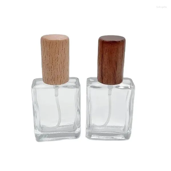 Aufbewahrungsflaschen 15 ml Mini-Parfüm Nachfüllbare Flasche Schraubhals Silberpumpe Holzdeckel Leerer flacher quadratischer transparenter Glaszerstäuberspray