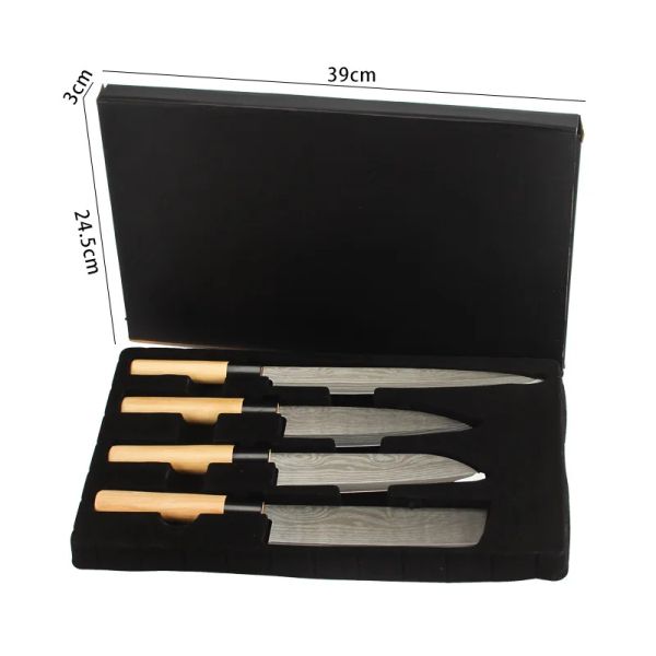 Conjunto de facas de chef de cozinha japonesas de caligrafia, 4 peças, peixe Santoku, conjuntos de facas de corte afiadas, ferramentas de cozinha