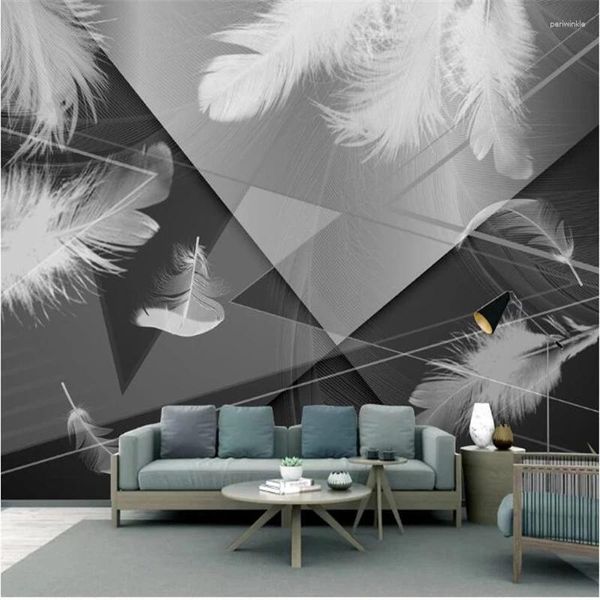 Tapeten Wellyu Papel Parede Benutzerdefinierte Tapete Moderne Schwarz-Weiß-Grau Minimalistische 3D-geometrische Feder-Hintergrundwand