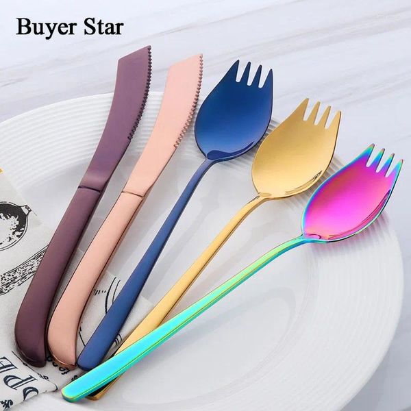 Conjuntos de talheres Comprador Star Steak Faca e Spork Conjunto de Talheres de Aço Inoxidável Elegante Jantar Colher Garfo Combinar Serviço de Ouro para 4