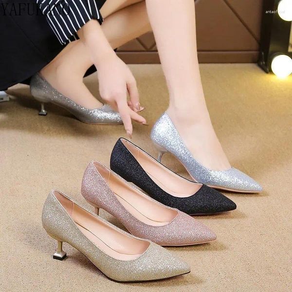 Kleidschuhe Mode Spitz Zehen Dünne Fersen Frauen Gold Silber Hochzeit Brautjungfer Glänzende Pailletten Damen Hohe Kleine Größe 33