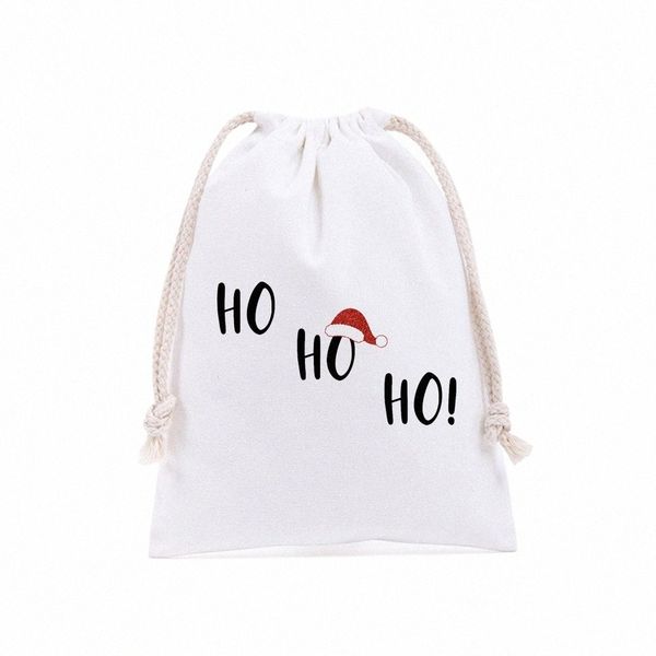 novas meias de Natal 25cmx32cm Persalized Happy Christmas Drawstring Bag Unique HoHoHo Natal Ano Novo Canvas Gift Bags c60c #