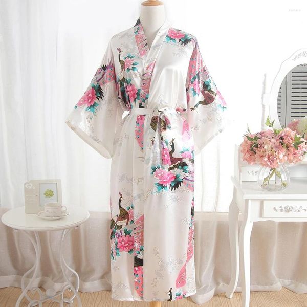 Abbigliamento per la casa Abito da sposa estivo causale per donna Stampa bianca Pavone Kimono lungo Accappatoio Abito da notte sexy Intimo Lingerie