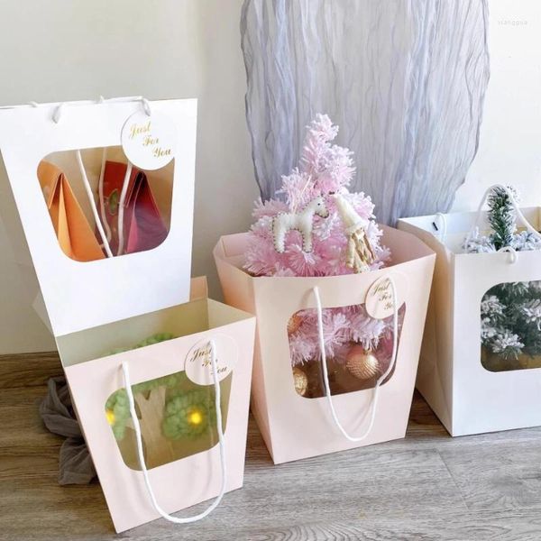 Geschenkverpackung 10 Stück Trapezförmige Fenster-Tragetasche Kreative weiße Blumenverpackung Blumenstrauß mit handtragbaren Taschen