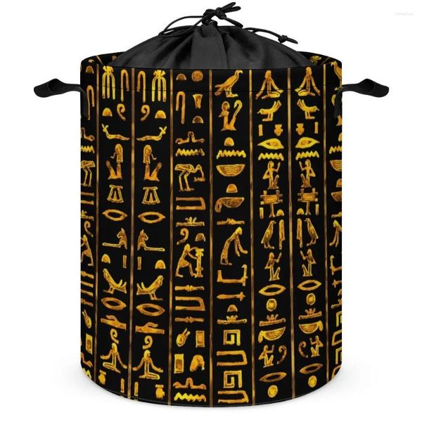 Aufbewahrungsbeutel-Box, antike ägyptische Hieroglyphen (Gold auf Schwarz), klassischer Wäschekorb mit großem Fassungsvermögen und toller Haptik, praktisch