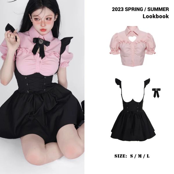 Summer Carina Girl Kawaii Donne a due pezzi Corea STLYE ELEGENTE POSCITÀ PINK SUFINE CHEVE CHEVE CHEVE + MINI SPENSENERE NERA