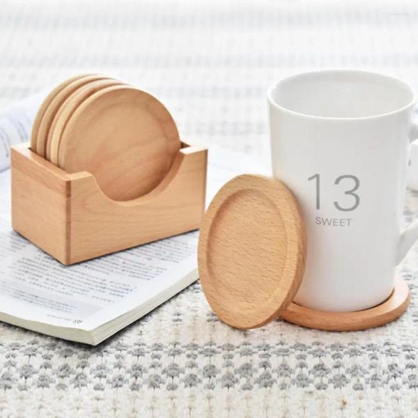 Tovagliette 7 pezzi/set in legno con scatola portaoggetti, in legno naturale, resistente al calore, rotondo, per bevande, caffè, tè, portabicchieri, forniture da cucina