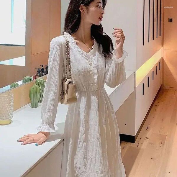 Abiti casual Abito bianco Manica lunga Elegante Midi Donna Vestido De Mujer Femme Robe