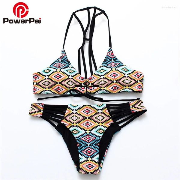 Damen-Bademode PowerPai String-Bikinis, kariertes Print-Bikini-Set für Frauen, Badeanzug, Bandage, Neckholder, Mayo-Strand, Schwimmen, Badeanzug