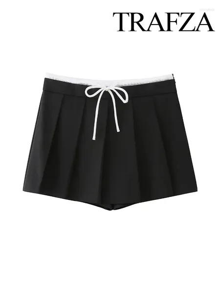 Frauen Shorts TRAFZA Frühling Mode Kurze Hosen Schwarz Hohe Taille Bogen Spitze-Up Kordelzug Falte Weibliche Beiläufige Dünne Culottes