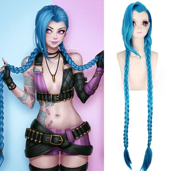 Парики LOL Jinx, парик для косплея, 120 см/46,8 дюйма, синие длинные косы Jinx, парики для косплея, термостойкий синтетический парик для женщин и девочек, вечерние косплей