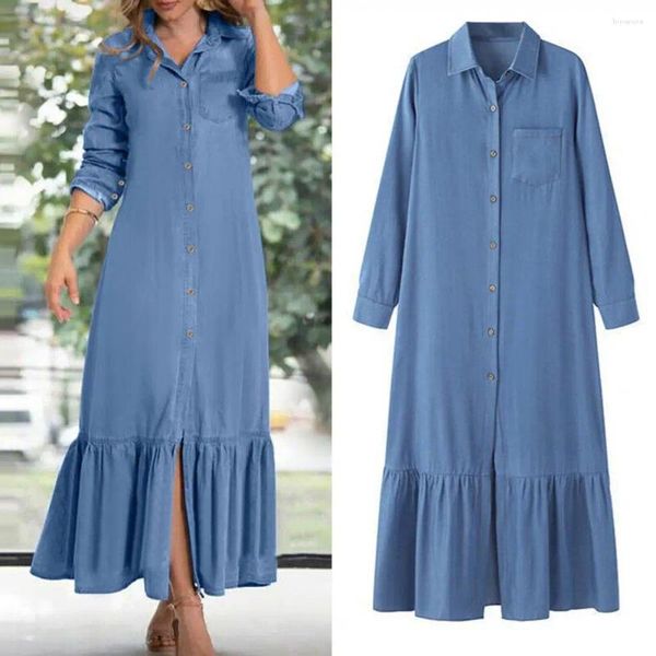 Vestidos casuais mulheres vestido de cor sólida elegante denim maxi com plissado retalhos flowy hem mulheres manga longa estilo cardigan para viagens