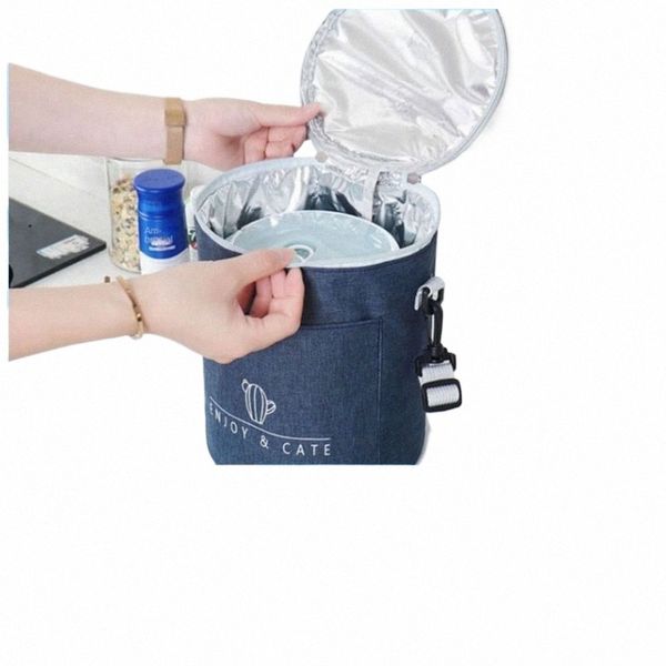 Cilindro de folha de alumínio isolado Lunch Box Bag impermeável Oxford Round Lunch Bag Grande capacidade com alça ajustável D4aA #