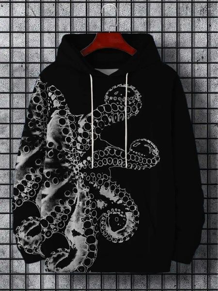 Felpe con cappuccio da uomo Fashion Art Octopus Stampa asimmetrica con coulisse Felpa con cappuccio oversize Felpa maschile Chic Casual Pullover Top S-5XL