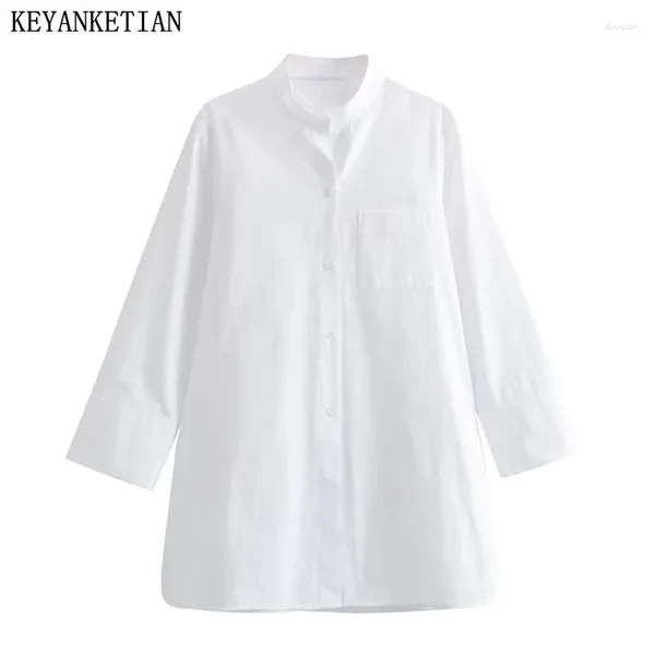 Blusas femininas keyanketian outono simplesmente lazer camisa branca blusa bolsos único breasted solto meados de comprimento topo senhora do escritório