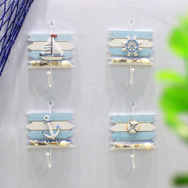 Ganchos estilo mediterrâneo de madeira náutico navio âncora toalha cabides estatuetas para casa pendurado decoração ornamentos