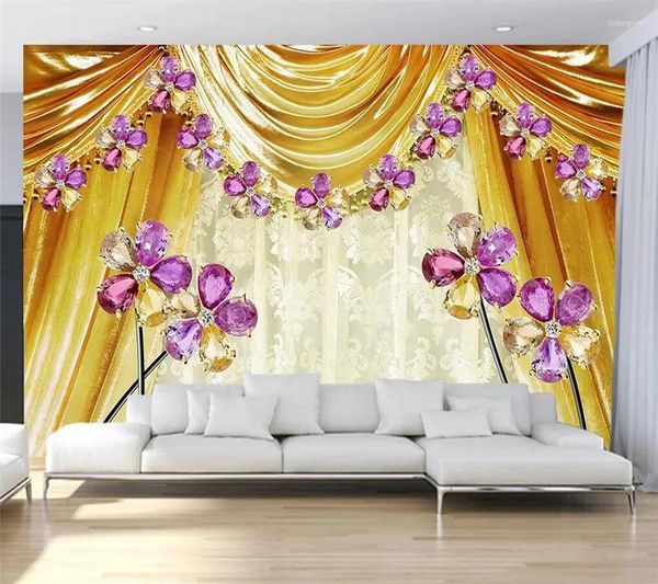 Wallpapers wellyu papel de parede para quarto personalizado papel de parede nobre europeu cortinas jóias cristal flor tv fundo parede 3d