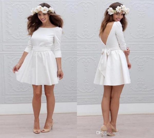 Vestidos de casamento curtos com 34 mangas mini recepção vestido branco sexy sem costas praia vestidos de noiva 6139042