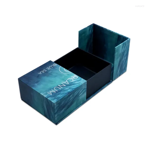 Hediye sargısı lüks mavi çift kapı açık cilt bakım seti kutu özel logo karton kozmetik ahşap sanat