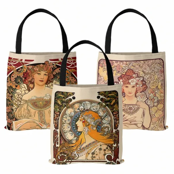 Mucha Series Digital Impresso Canvas Bag Open Tote Bag Bolsa Retro Canvas Shop Bag J4Kp #