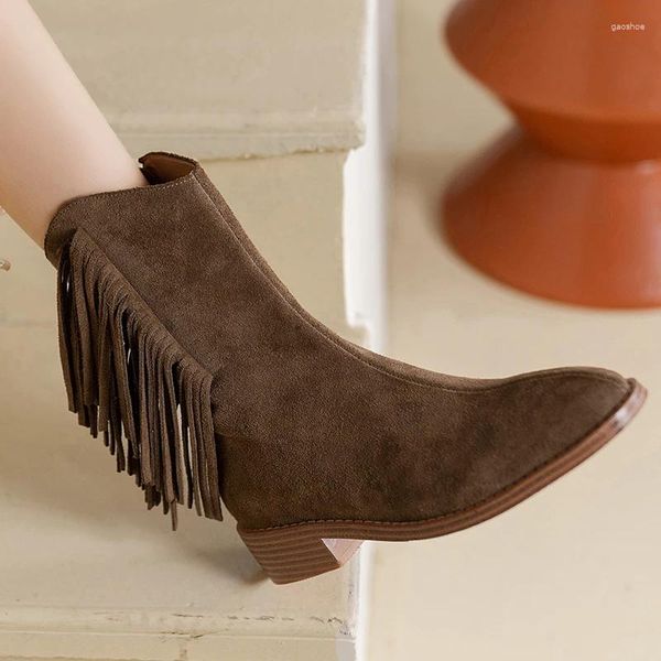 Сапоги в стиле ретро с кисточками, замшевые туфли с круглым носком на толстом каблуке, короткие тонкие ковбойские туфли в стиле вестерн с V-образным вырезом для женщин, готическая обувь на осень