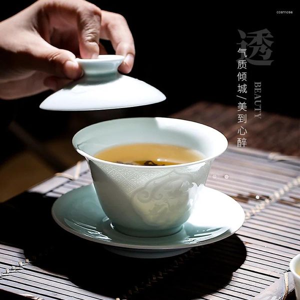 TeAware Setleri Jingdezhen El Oyma Gölge Mavi Procelain Büyük Sancai Gaiwan Çay Kupası Single Scald Olmayan Ev Seramik Kase