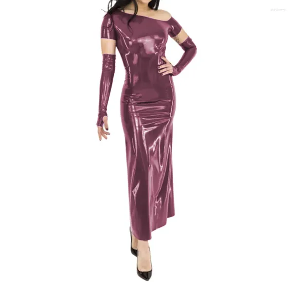 Partykleider Punk Frauen Sexy PVC Schräge Schulter Bodycon Langes Kleid mit Handschuhen Kurzarm Mantel Maxi Clubwear S-7XL