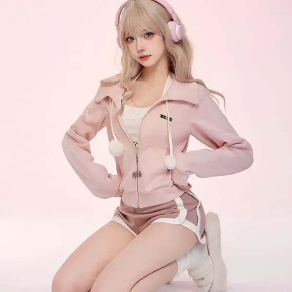 Damen Hoodies Kawaii Pink Hoodie Mädchen Koreanischer Stil Herbst Herbst Dünn Langarm Streetwear 90er Jahre Mode Kurzmantel Sport Shorts Top Set