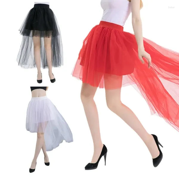 Röcke F42F Damen Elastische Taille Hoher und niedriger Tüll Langer Rock Mehrschichtiger Mesh-Überrock Tutus für Hochzeitsabendparty