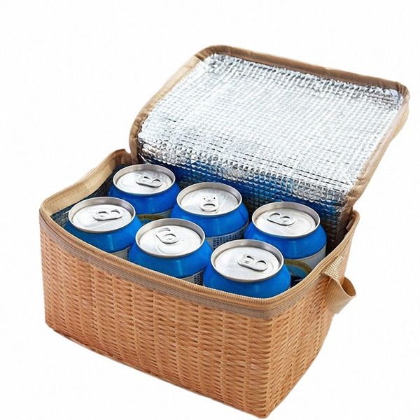 Portátil de vime Rattan Outdoor Picnic Bag Waterproof Tablee isolado Thermal Cooler Food Ctainer Basket para Cam Picnic X6JZ #