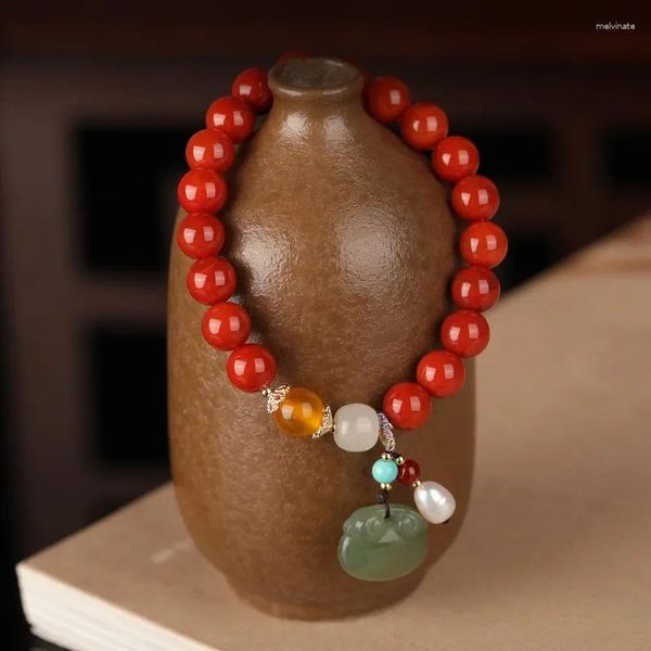 Braccialetti a maglie Bracciale rosso naturale del sud con ambra verde pino tondo perlina agata che attira ricchezza cerchio regalo di gioielli di alta qualità