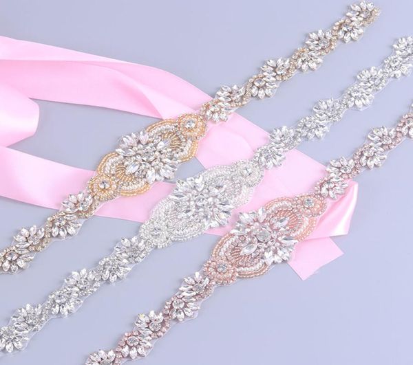 Perla con strass trasparente per abiti da sposa Cintura da cucire Toppe ricamate in ferro Appliques Fasce da sposa in oro rosa argento L459937378
