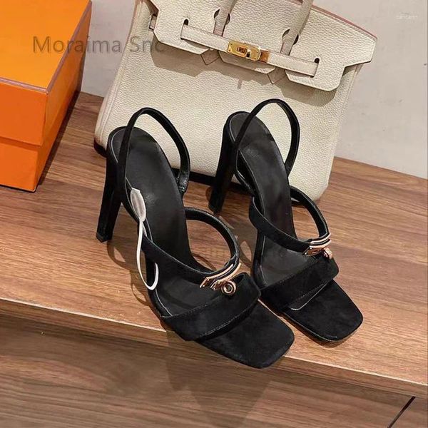 Sandali in pelle scamosciata con punta quadrata fibbia con chiusura tacchi alti da donna cinturino posteriore solido moda scarpe da festa per ufficio per donna estate con tacco