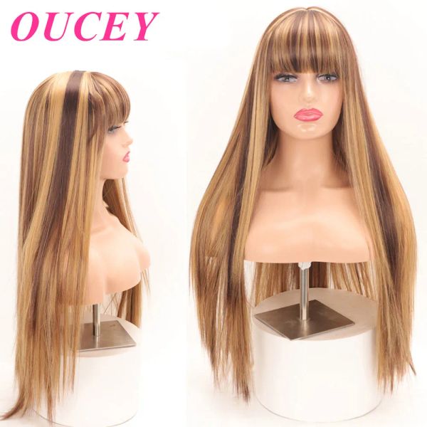 Perucas oucey perucas longas e retas de 30 polegadas para mulheres perucas naturais lisas peruca sintética com franja preto rosa piano cor peruca feminina