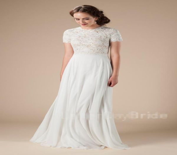 Nuovi abiti da sposa modesti in chiffon di pizzo spiaggia con maniche corte Abiti da sposa Boho Aline lunghezza del pavimento informale all'aperto LDS mer Go1630035