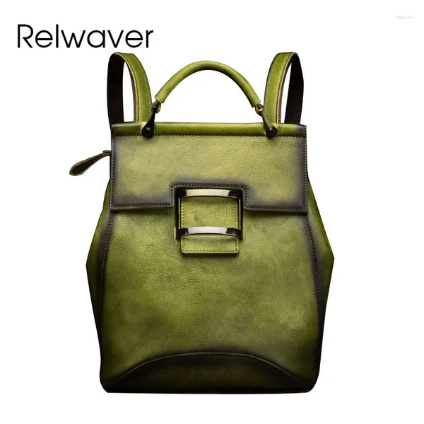 Borse da scuola Relwaver Zaino vintage in pelle di mucca naturale verde donna 2024 copertina casual primavera estate autentica