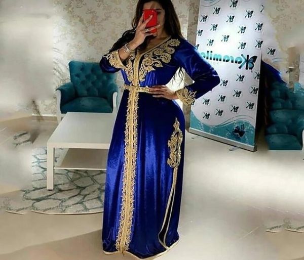 Великолепный королевский синий марокканский кафтан Вечерние платья Мусульманское вечернее платье с длинным рукавом Золотое кружево Дубай Платья для особых случаев1385579