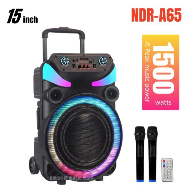 Altoparlanti a basso prezzo da 15 pollici NDRA65 Pullo portatile esterno DJ grandi altoparlanti Hifi Sistema Wireless Bluetooth Karaoke Speaker con 2 microfoni