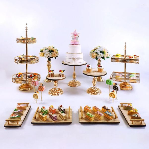 Ferramentas de cozimento ouro 7- 19 pçs galvaniza metal bolo de madeira conjunto display festa de aniversário de casamento sobremesa cupcake placa rack