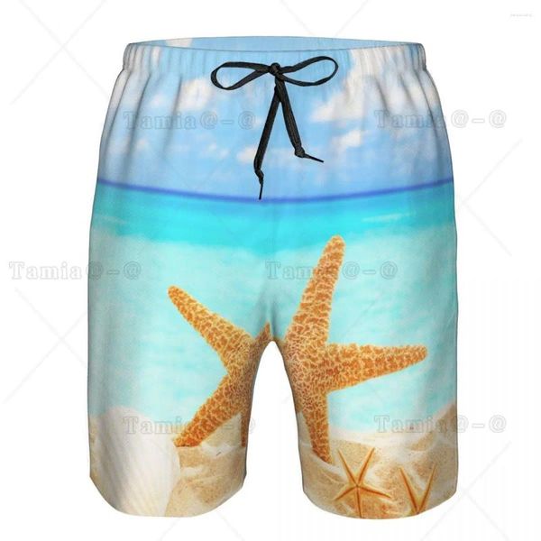 Shorts masculinos homens praia curto de secagem rápida tronco de natação estrela do mar e conchas em areia swimwear maiô banho