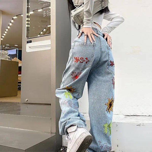 Jeans femininos estilo americano estilo hippie streetwear superdiz pernas retas mulher graffiti desenhando calças de jeans femininas calças largas largas